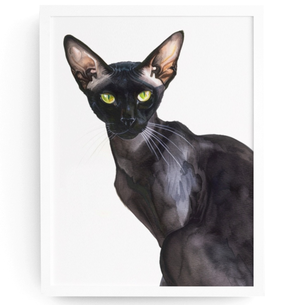 Watercolor Oriental Black Cat Portrait Wall Art Illustration Print Unframed